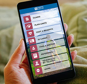 phone with Tufts Health Plan mobile app home screen